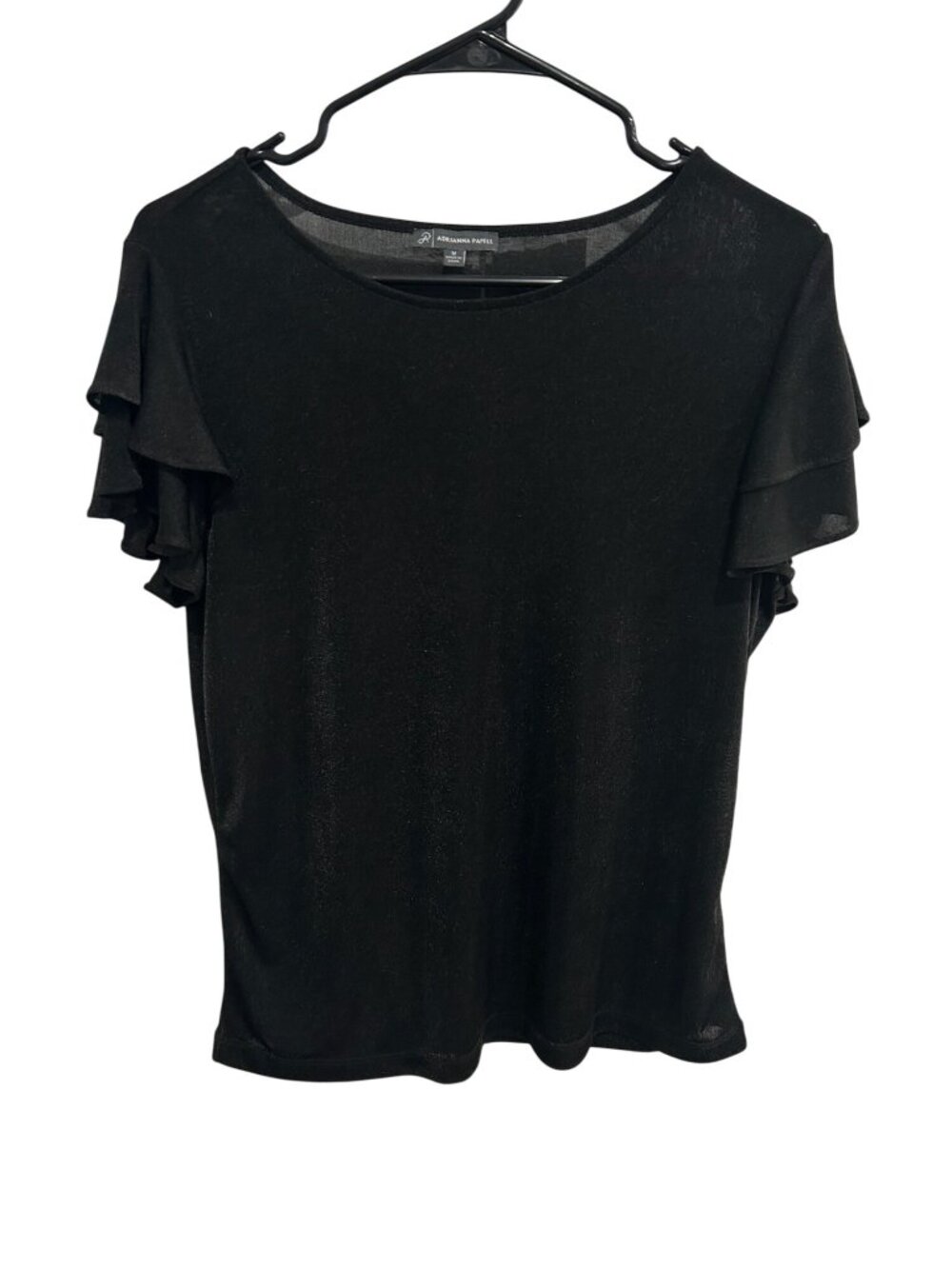 Adrianna Papell Black Ruffle Sleeve Stretch Knit Blouse Size M Preppy Chic